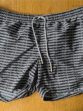 Lacoste Blue and White All-Over Logo Swim Trunks.